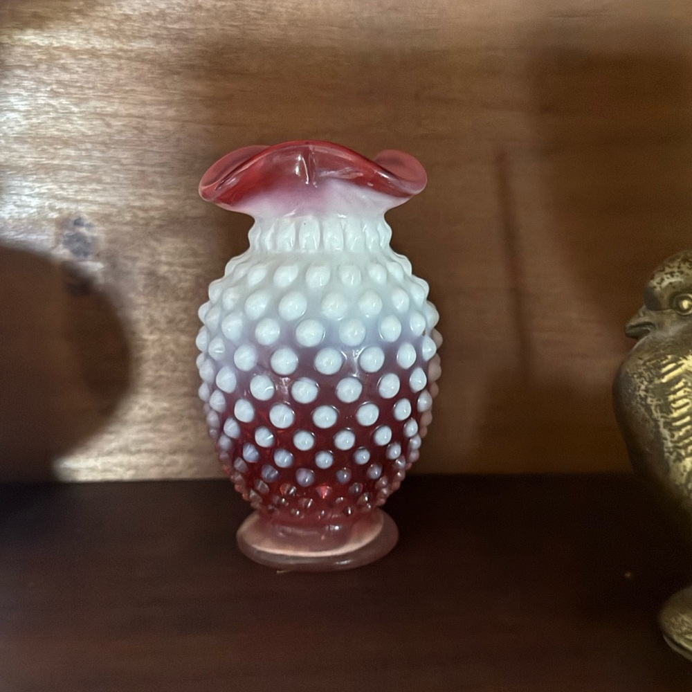 Fenton Red and White Hobnail Vase
